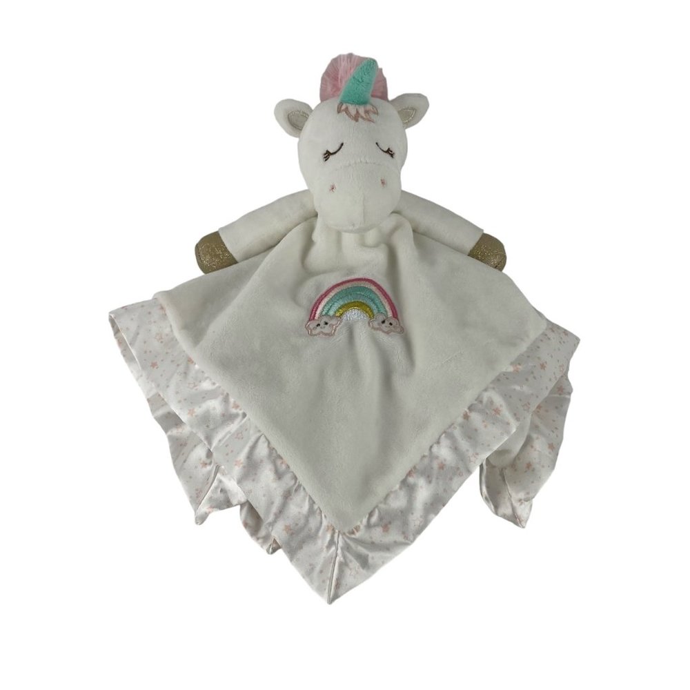 Douglas Baby Unicorn Lovey White Pink Rainbow Satin Trim Baby‎ Security Blanket